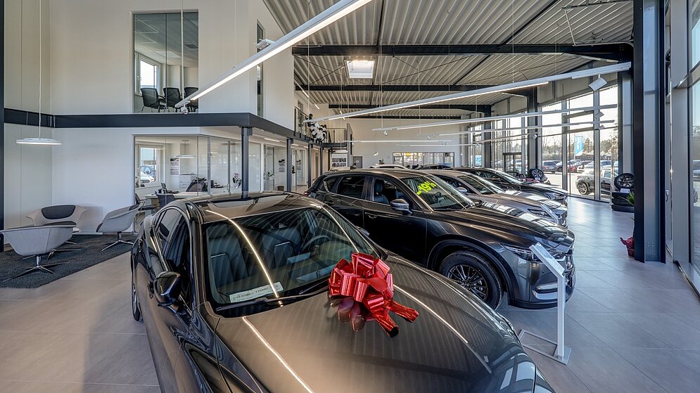 Weitläufige Ausstellungshalle mit Stahlkonstruktion und Neuwagenpräsentation